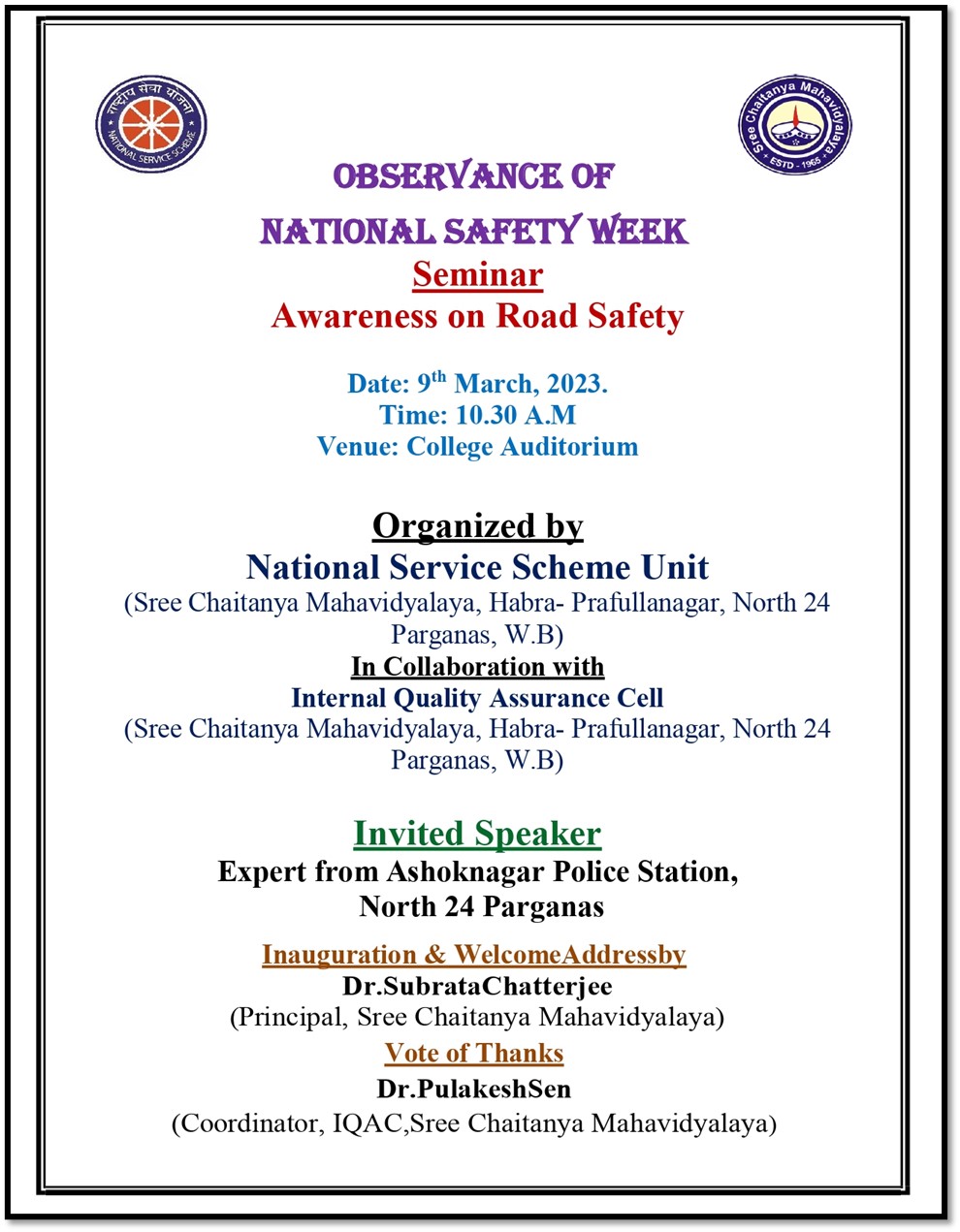 Observance of National Safety Week on dt 09.03.2023